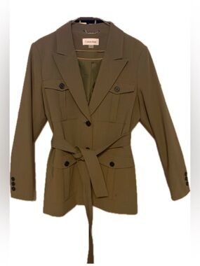Calvin Klein Olive Green Blazer Size 14 Belted Utility Jacket Women Workwear